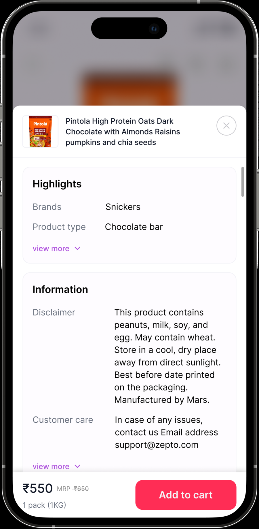 Zepto — cart with cost pre-commit
