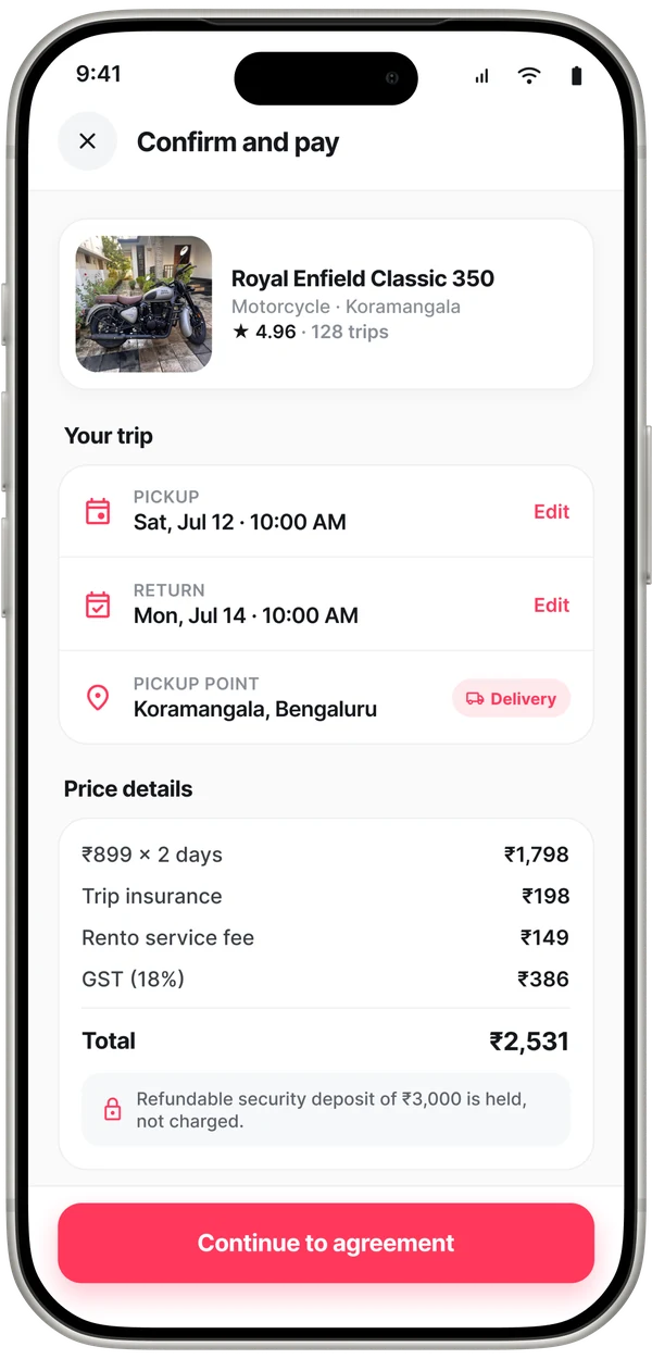 Rento booking screen