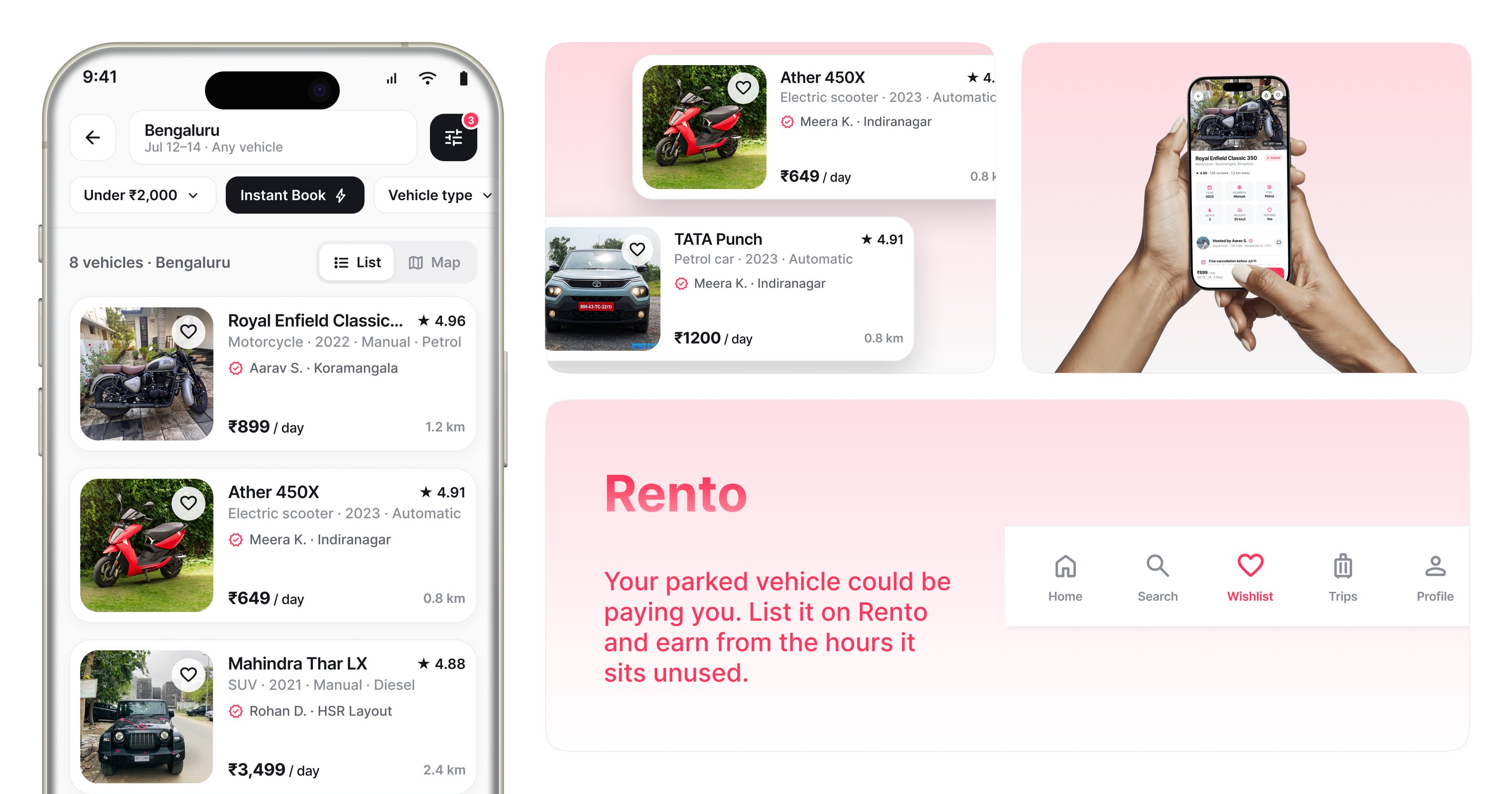 Rento app in context: search results, listing cards and tab bar