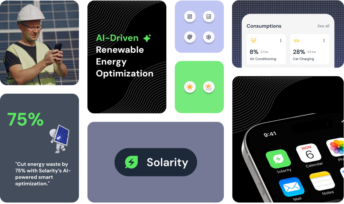Solarity product collage — dashboard, mobile, and panels