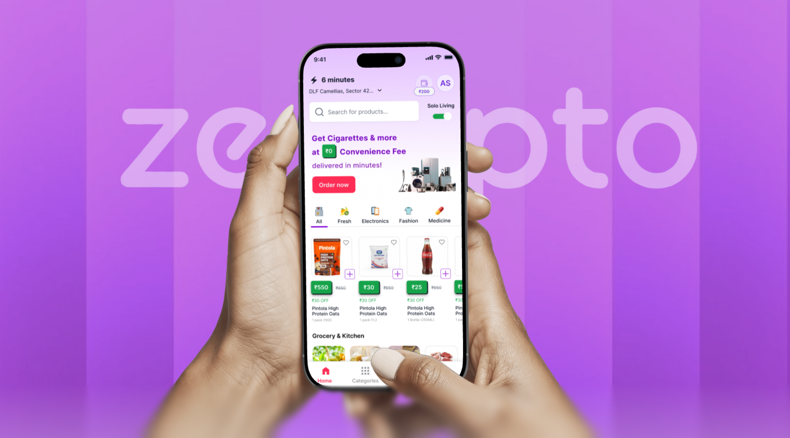 Zepto redesign hero — built for people who live alone